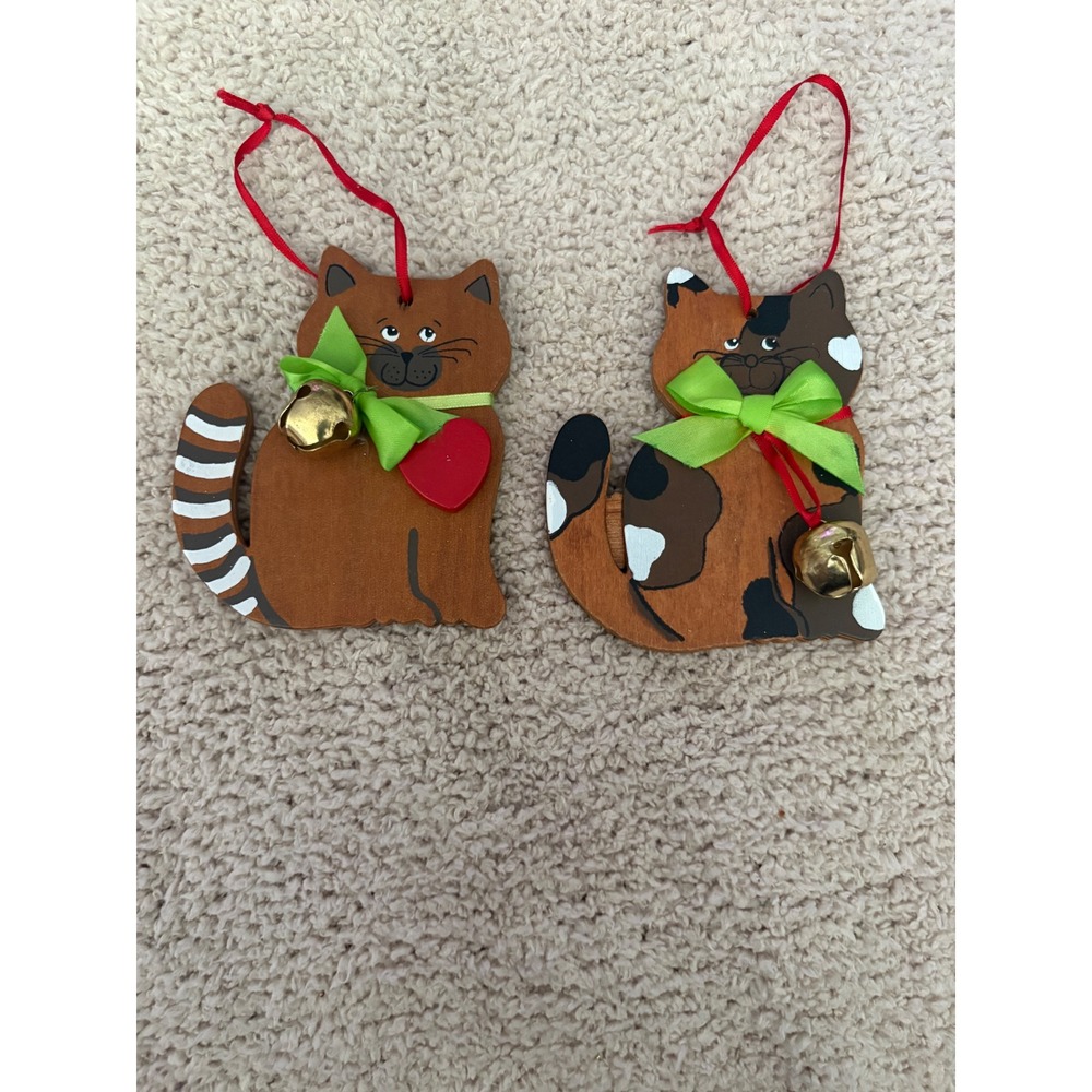 Vintage 1988 Kurt S Adler Wooden Cat Christmas Ornaments Set of 2 Jingle Bells